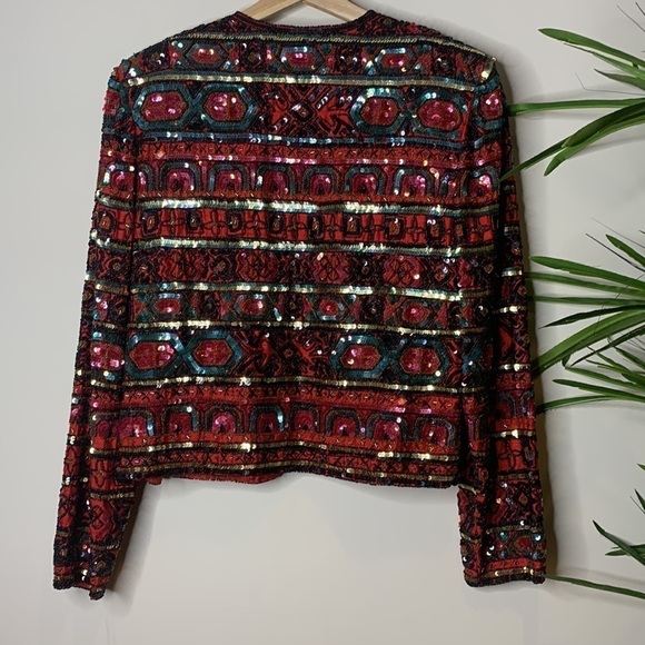 Papell Boutique || Vintage Heavily Beaded Sequin Silk Open Front Top Jacket M - Picture 1 of 17